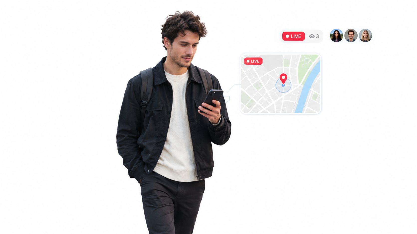 A young man walking while looking at his smartphone, displaying a live location tracking map overlay.