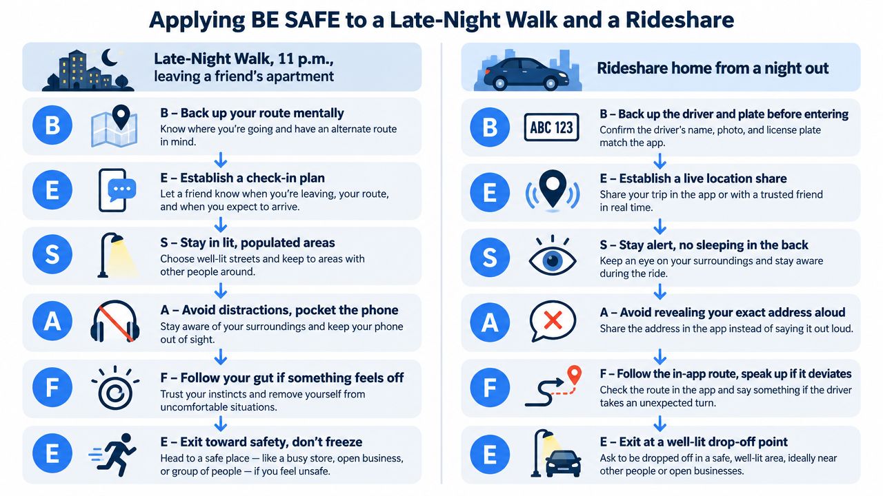 A safety infographic titled BE SAFE explaining personal safety tips for late-night walks and rideshare trips.