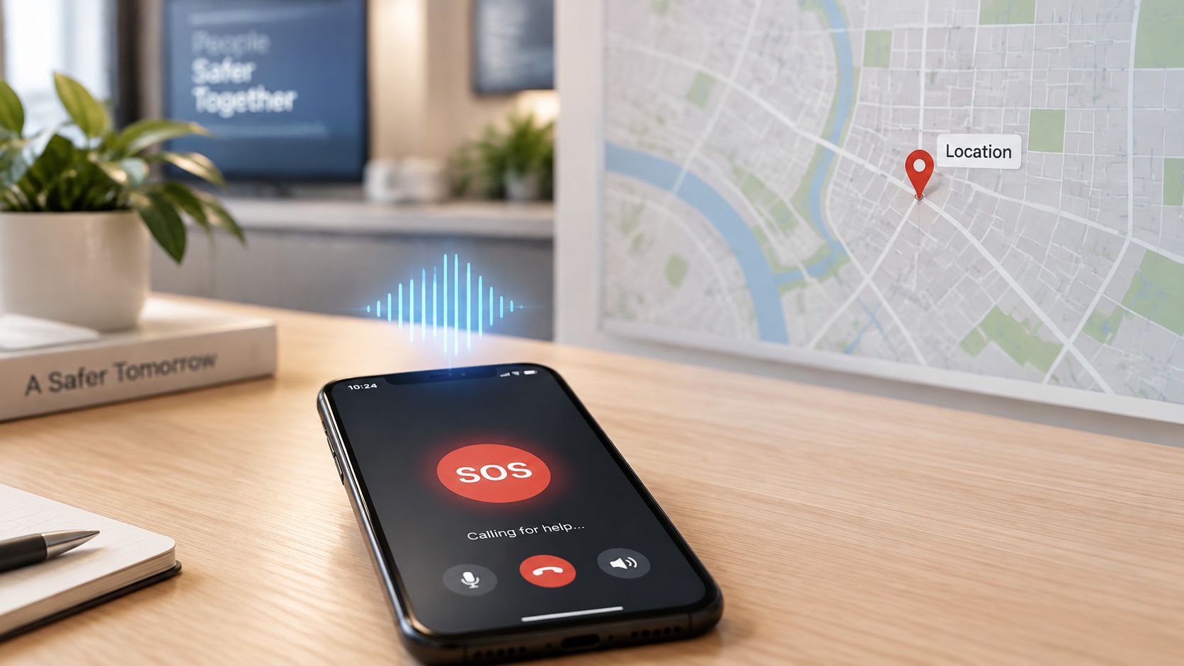 A smartphone on a wooden desk displaying an emergency SOS call screen with a location map overlay.
