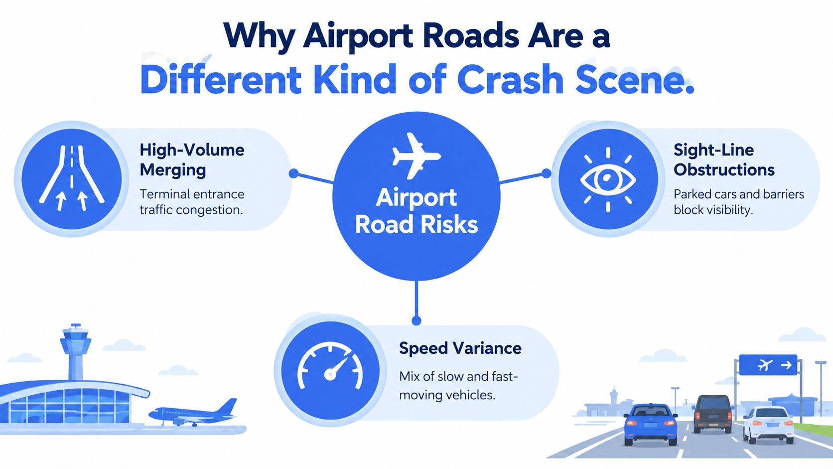 An infographic detailing common risks such as merging, obstructions, and speed variance on airport access roads.