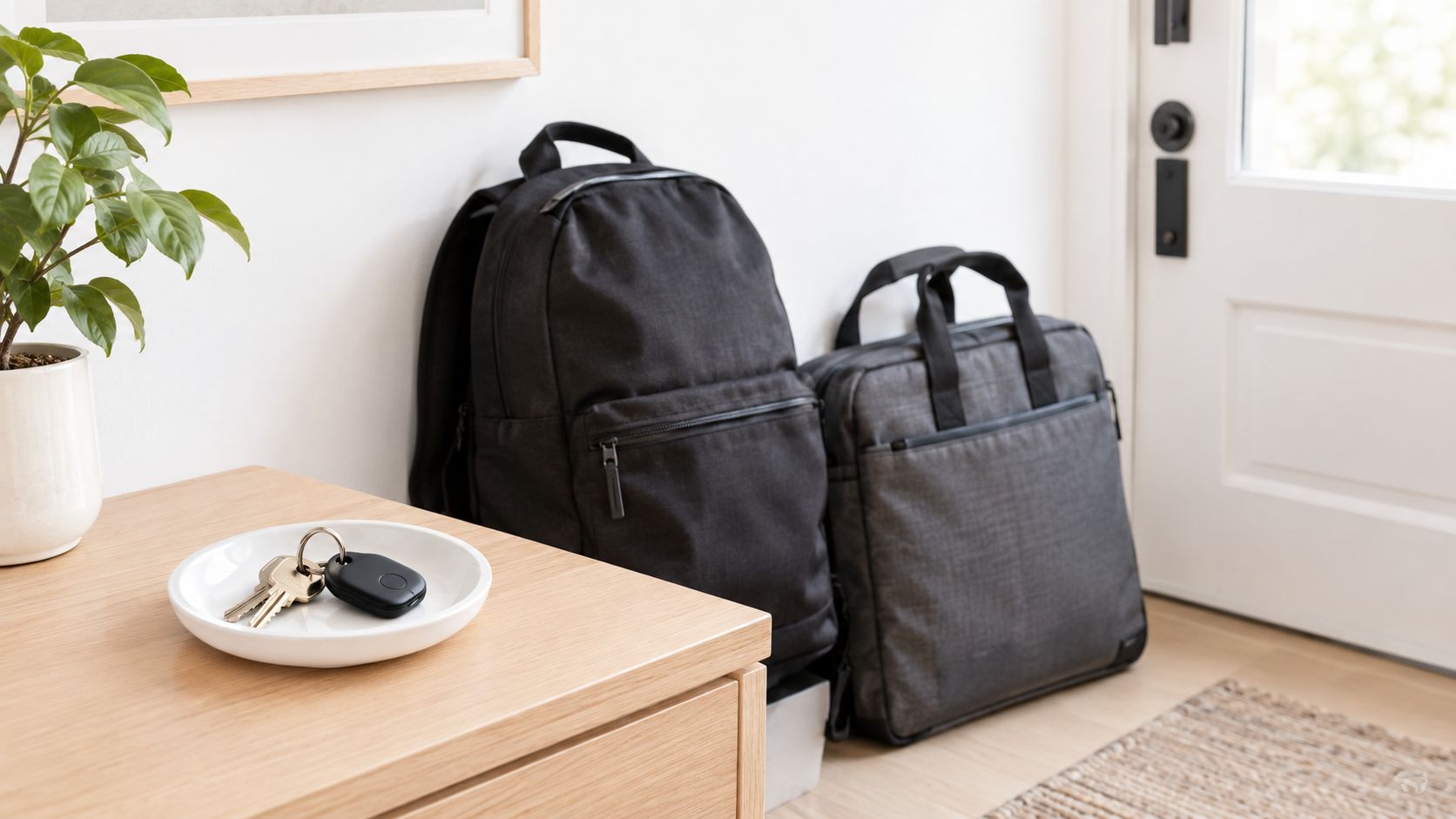 A black backpack and a grey laptop bag placed near a front door next to keys.