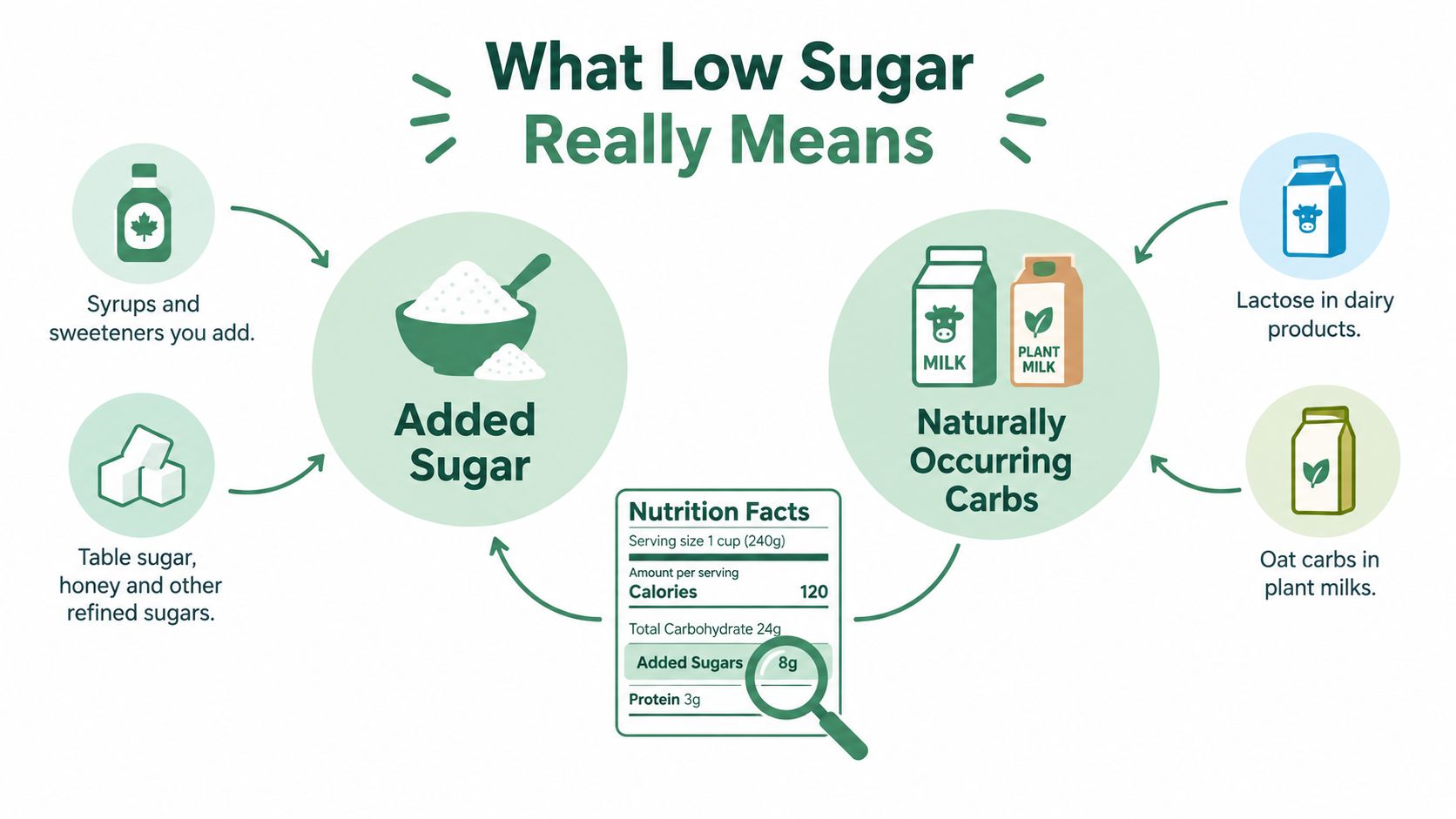 An infographic explaining the difference between added sugars and naturally occurring carbohydrates on nutrition labels.