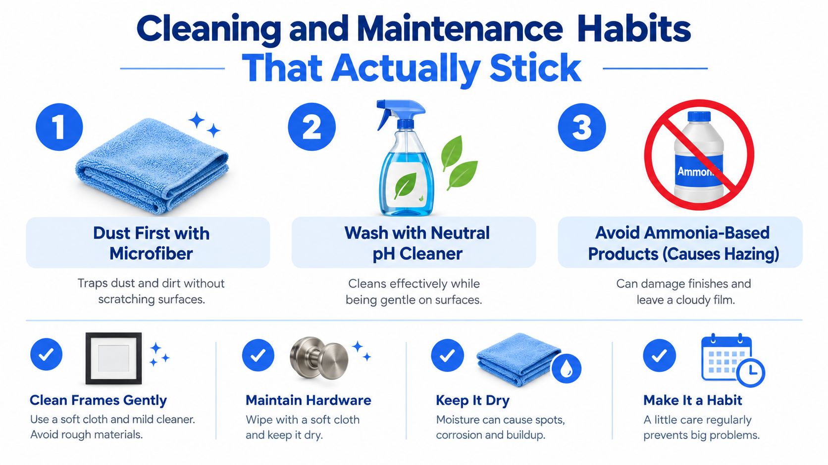 A helpful infographic outlining three essential tips for cleaning and maintaining commercial storefront glass doors and hardware.