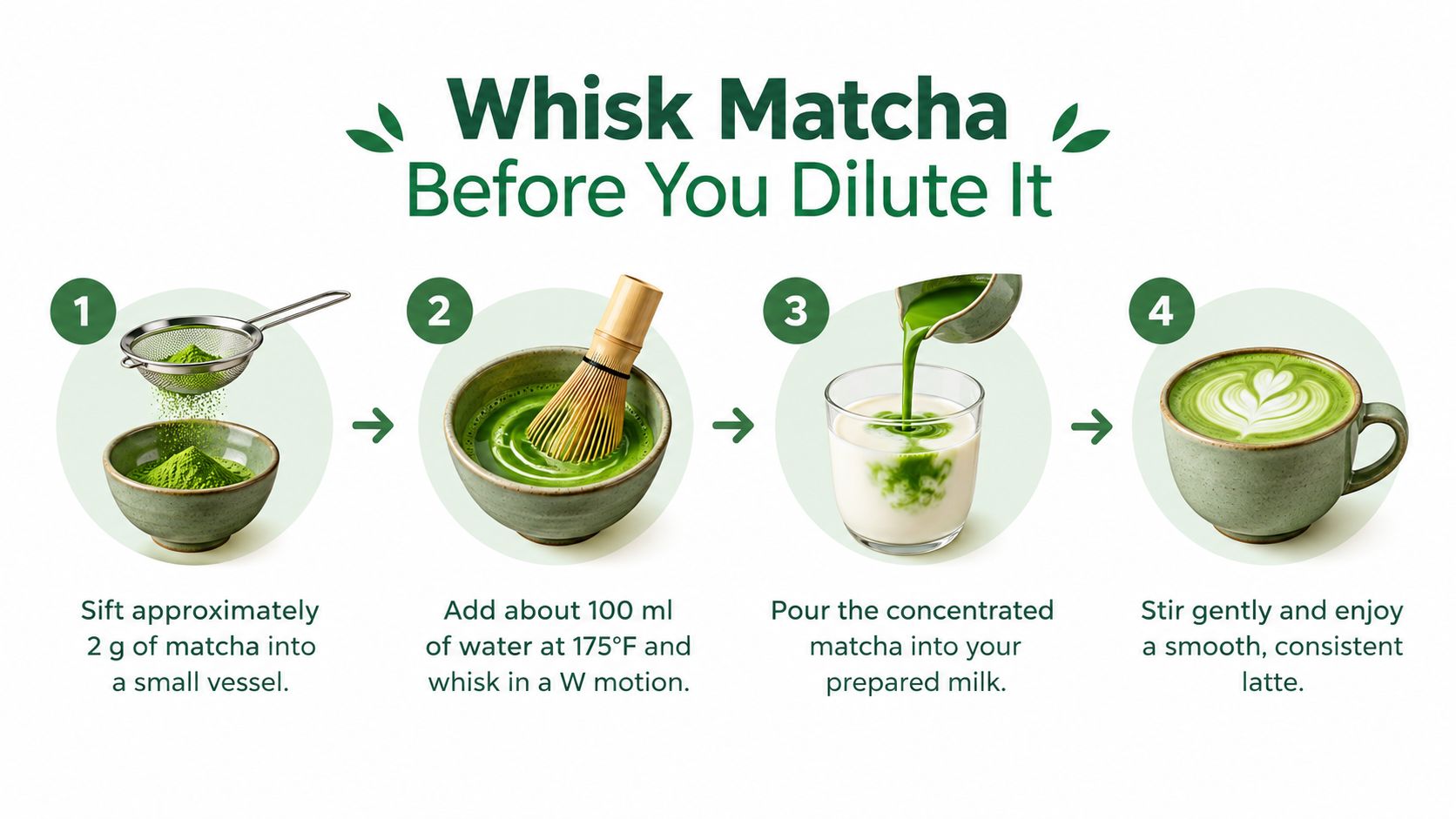 A four-step infographic illustrating how to prepare a matcha latte using a sifter, whisk, and milk.