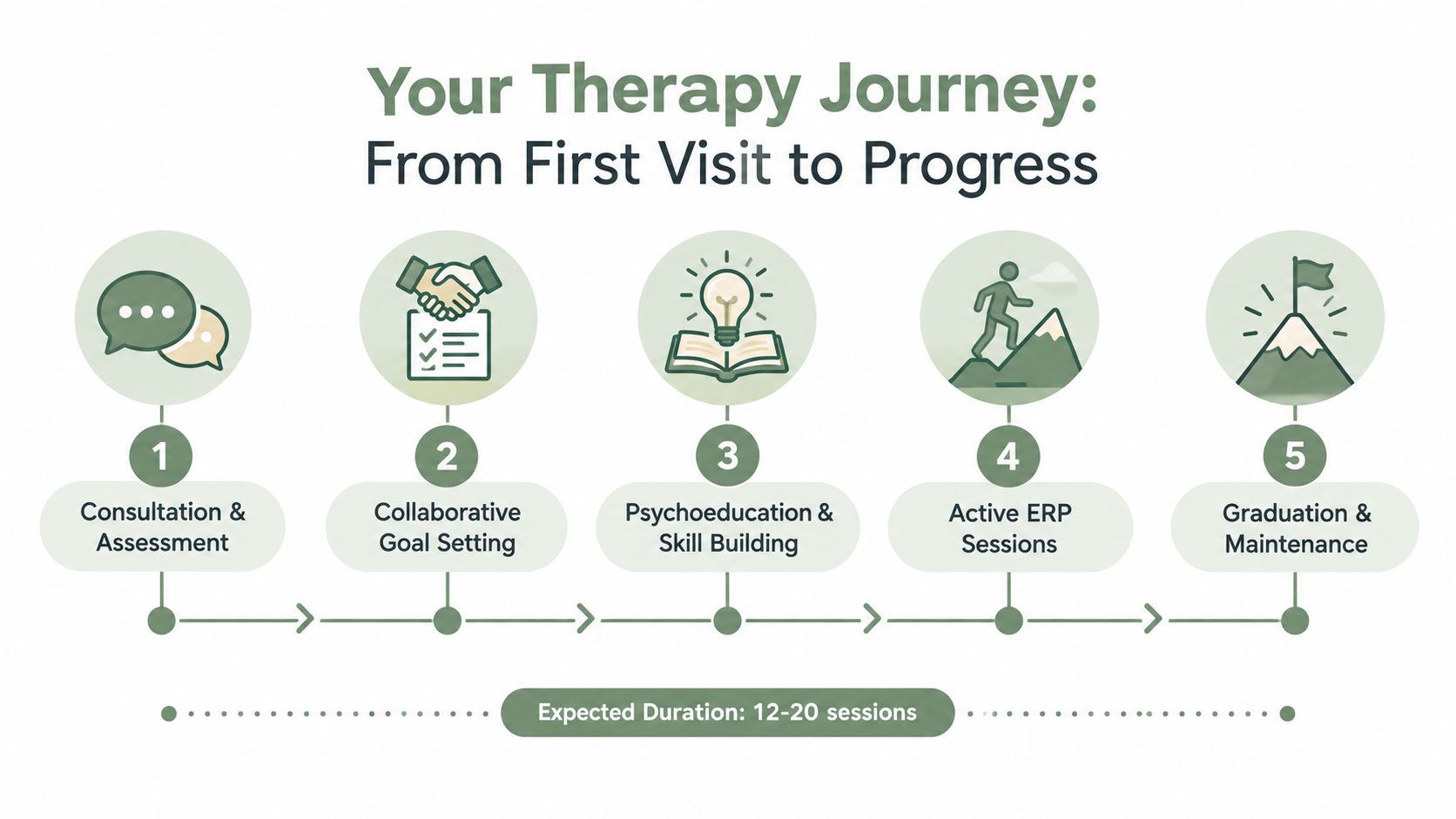 A five-step flowchart illustrating the therapy journey for patients, ranging from initial consultation to successful graduation.