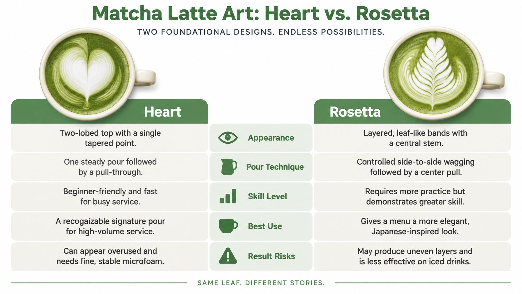 A comparison chart showing the differences between Heart and Rosetta designs in matcha latte art.