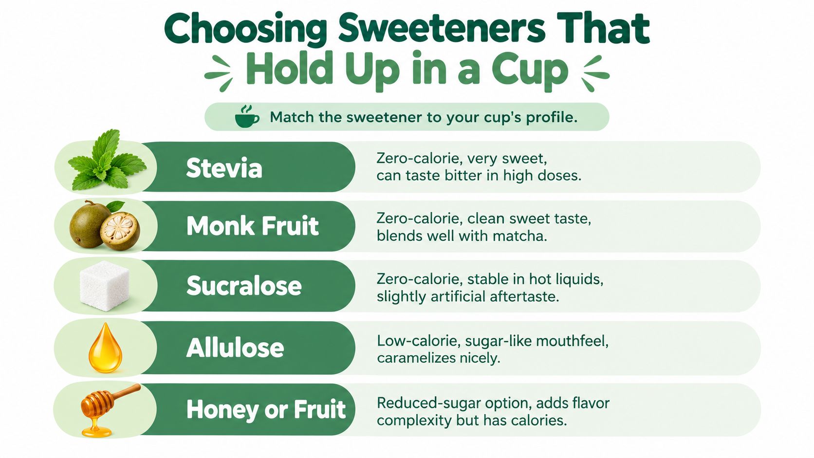A guide listing five sweeteners for beverages with their flavor profiles, including stevia, monk fruit, and sucralose.