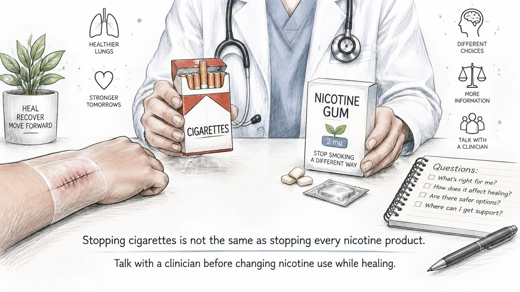 A doctor advising a patient with a fresh surgical incision about quitting smoking for better wound healing.