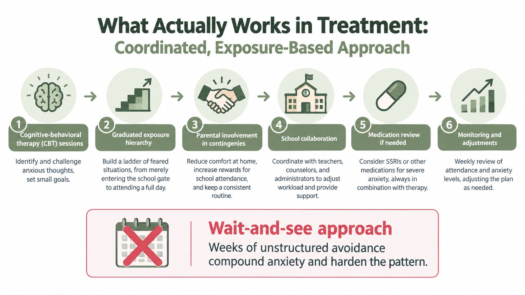 A diagram comparing the effective coordinated exposure-based treatment approach versus an ineffective wait-and-see method for school refusal.