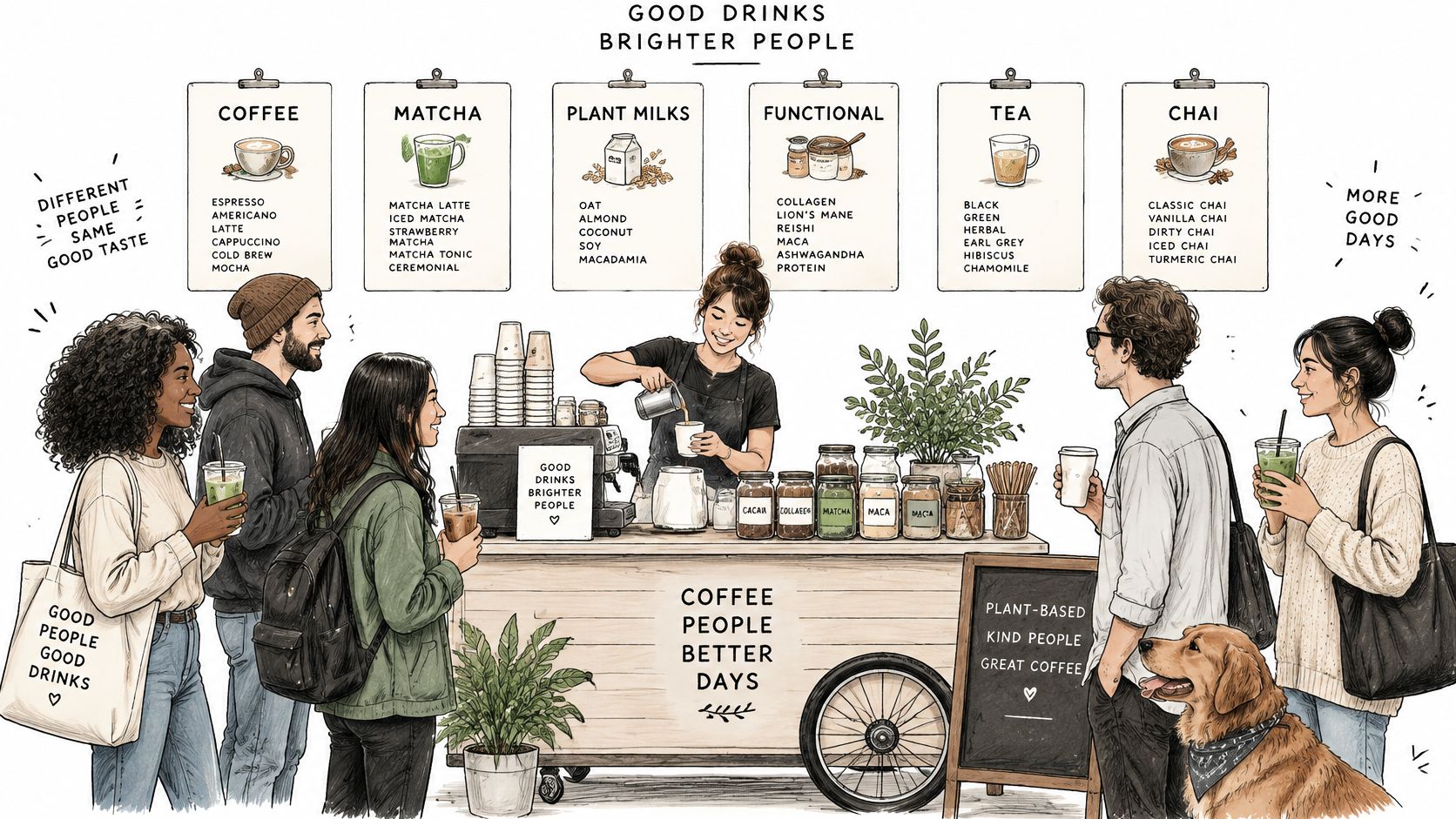 A friendly barista serving coffee at a mobile cart while customers wait in line with their dogs.