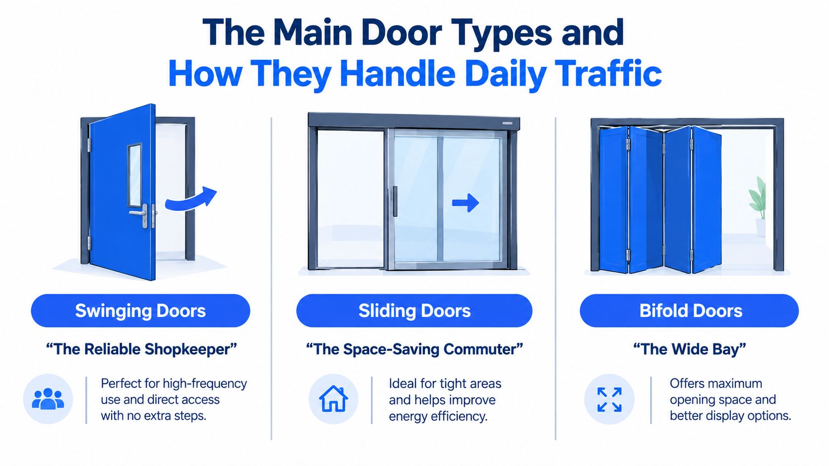 An infographic comparing three types of commercial doors: swinging, sliding, and bifold, highlighting their primary uses and benefits.