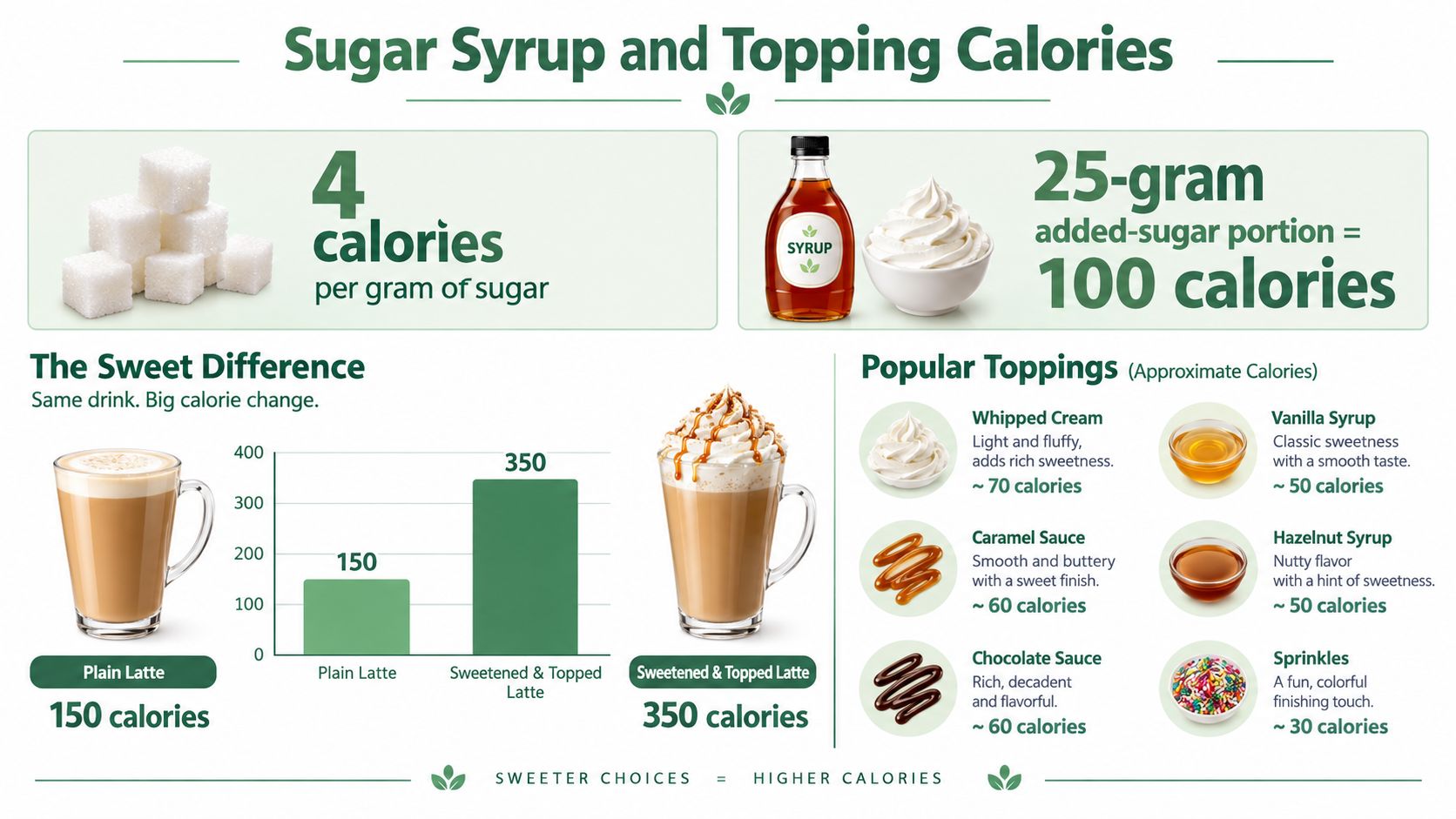 An infographic comparing calorie counts between a plain latte and a sweetened latte with various coffee toppings.