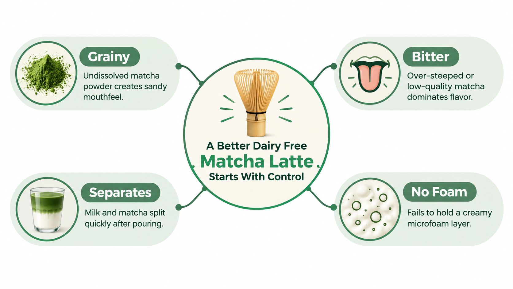 A visual guide identifying four common problems when preparing a dairy free matcha latte: grainy texture, bitterness, separation, and lack of foam.