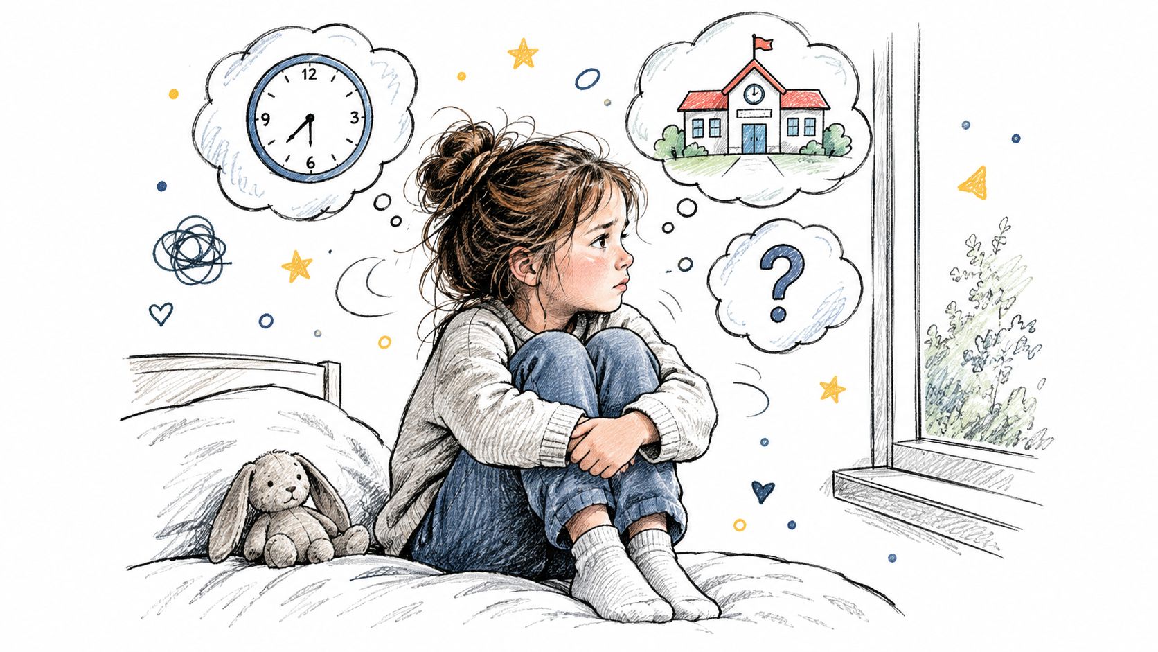 A young child sitting on a bed looking out a window, feeling anxious and uncertain about school.