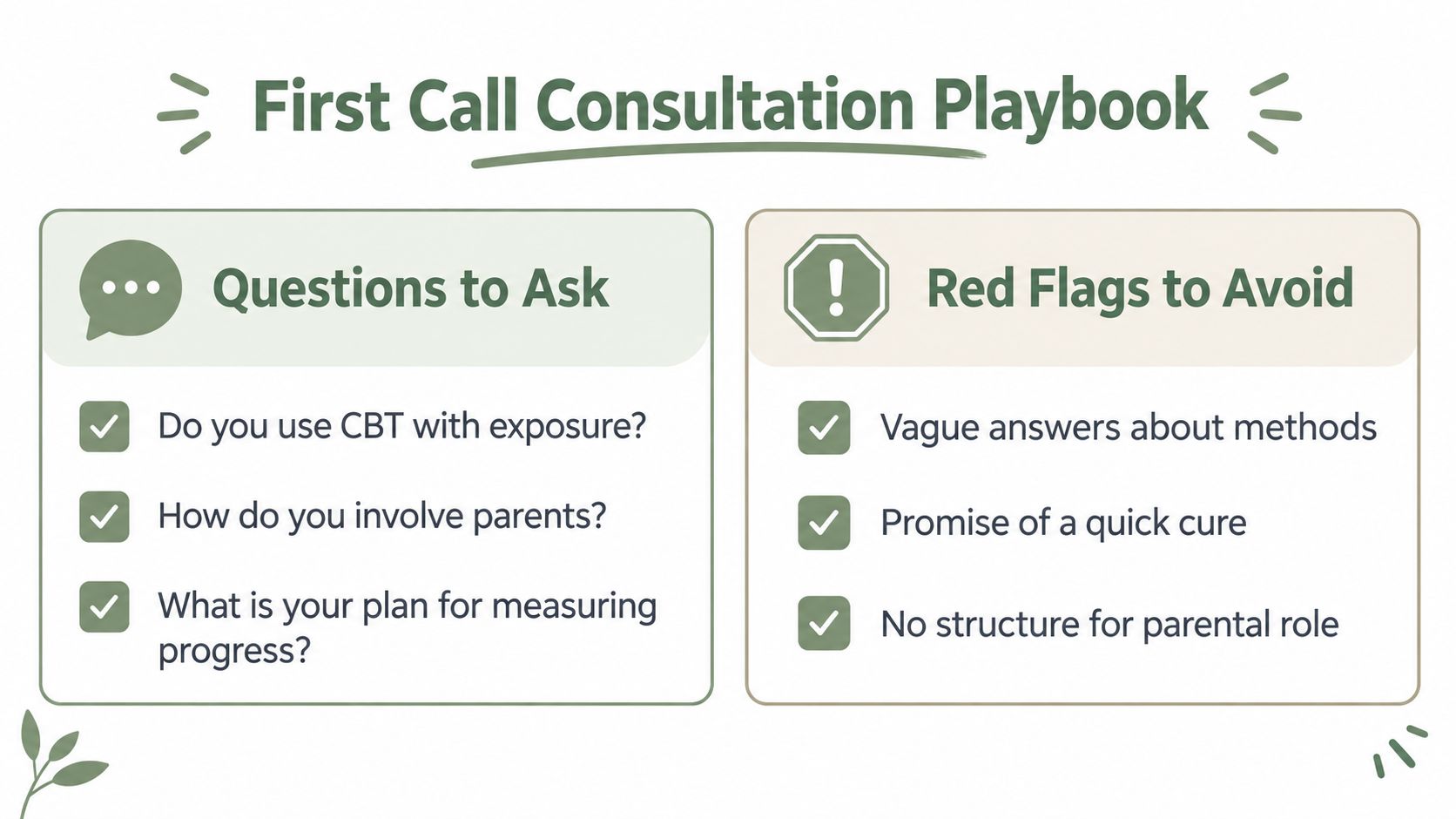 A guide for parents on questions to ask and red flags to avoid when consulting a child anxiety therapist.