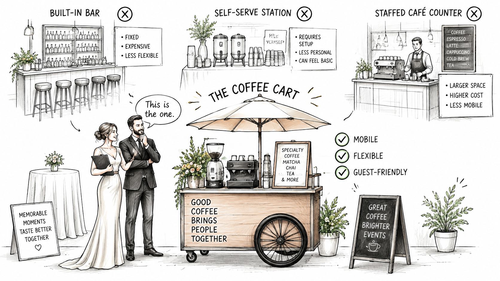 A couple planning their wedding looks at a mobile coffee cart catering option compared to other setups.
