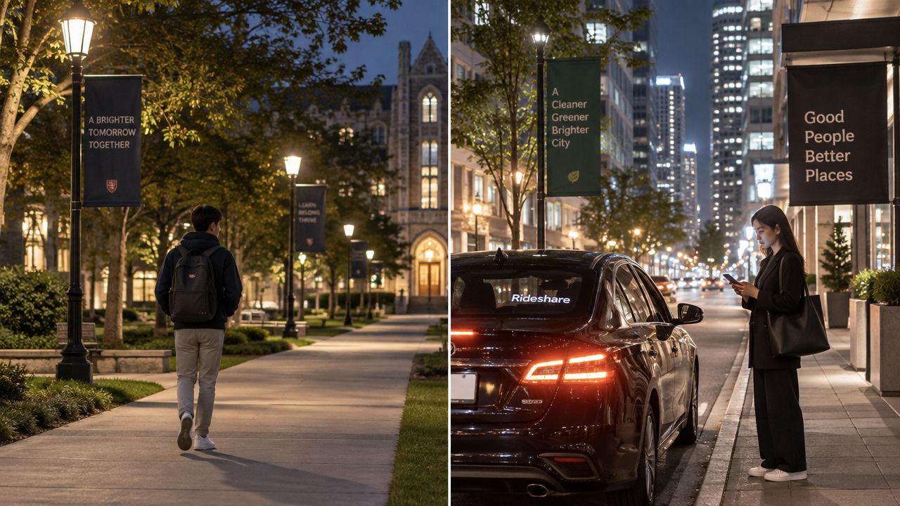 A split image showing a student walking on campus and a person using a rideshare app downtown.
