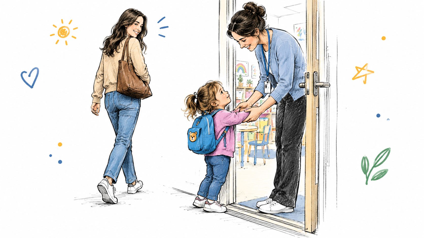 A young girl with a backpack confidently greets her teacher at the school door while her mother leaves.