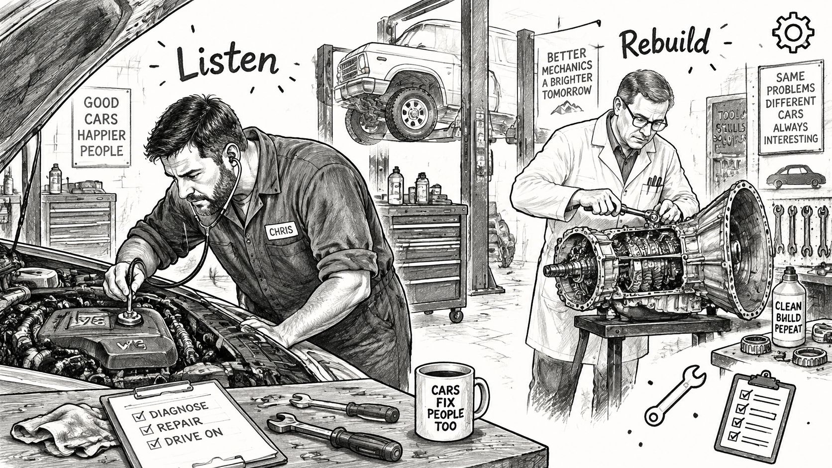 A black and white line drawing of two mechanics working in a shop, one diagnosing and one rebuilding.