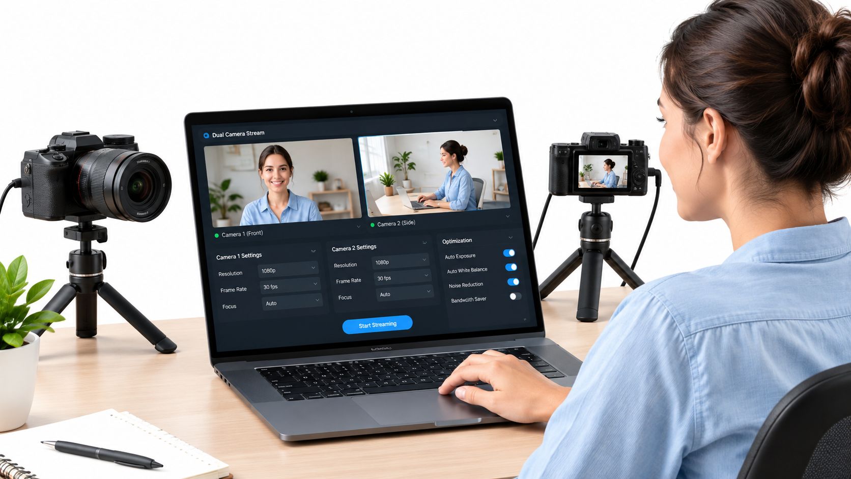 A woman using a laptop to manage a multiple camera streaming setup for video production from home.