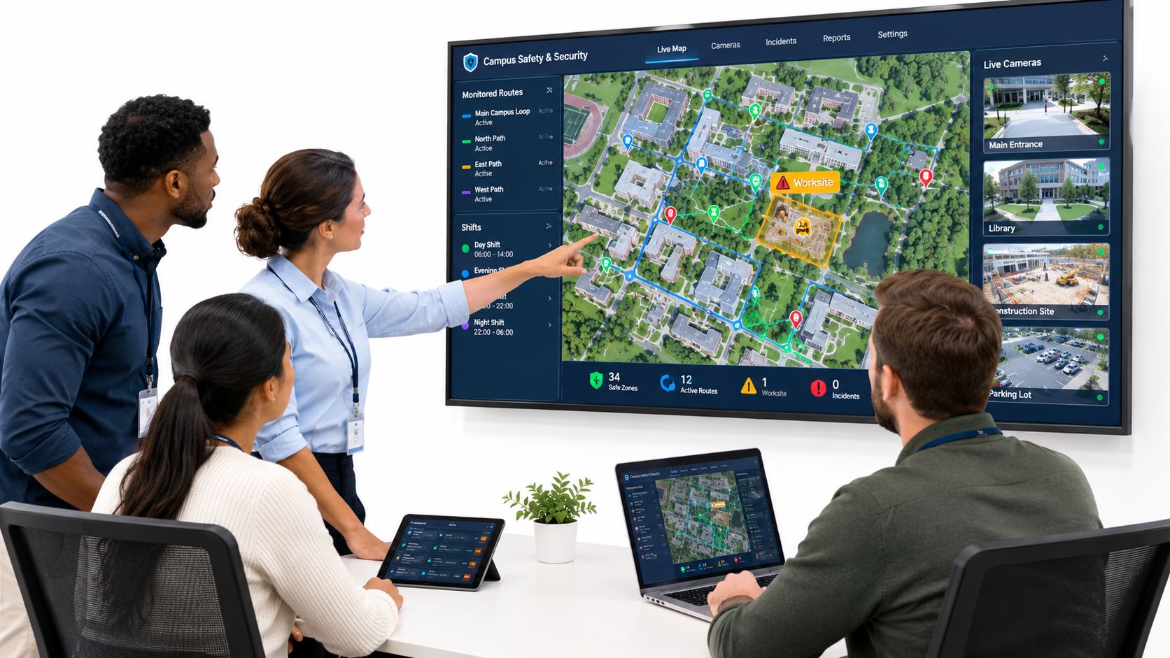 A team of professionals collaborating in an office while reviewing campus security data on large monitors.