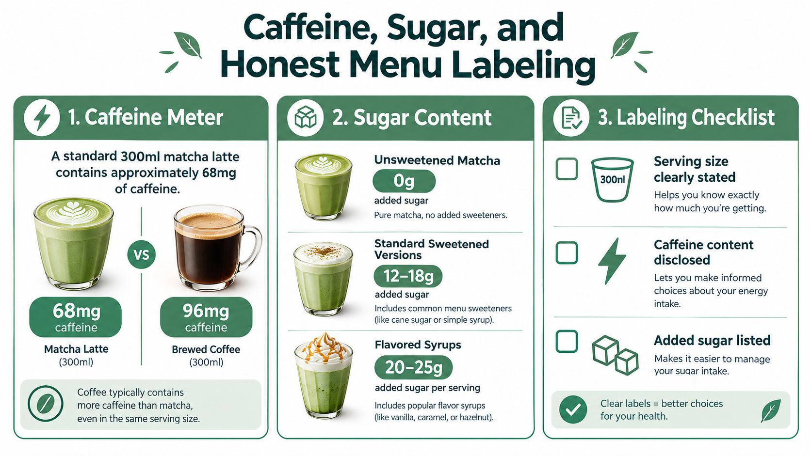 An infographic titled Caffeine, Sugar, and Honest Menu Labeling detailing nutritional facts for matcha latte and coffee.