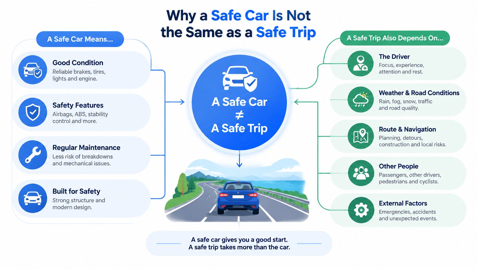 An infographic comparing the factors that contribute to having a safe car versus a safe trip.