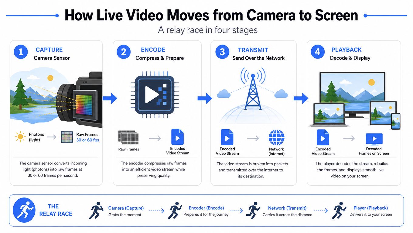 A diagram illustrating the four-stage process of live video moving from a camera to a display.