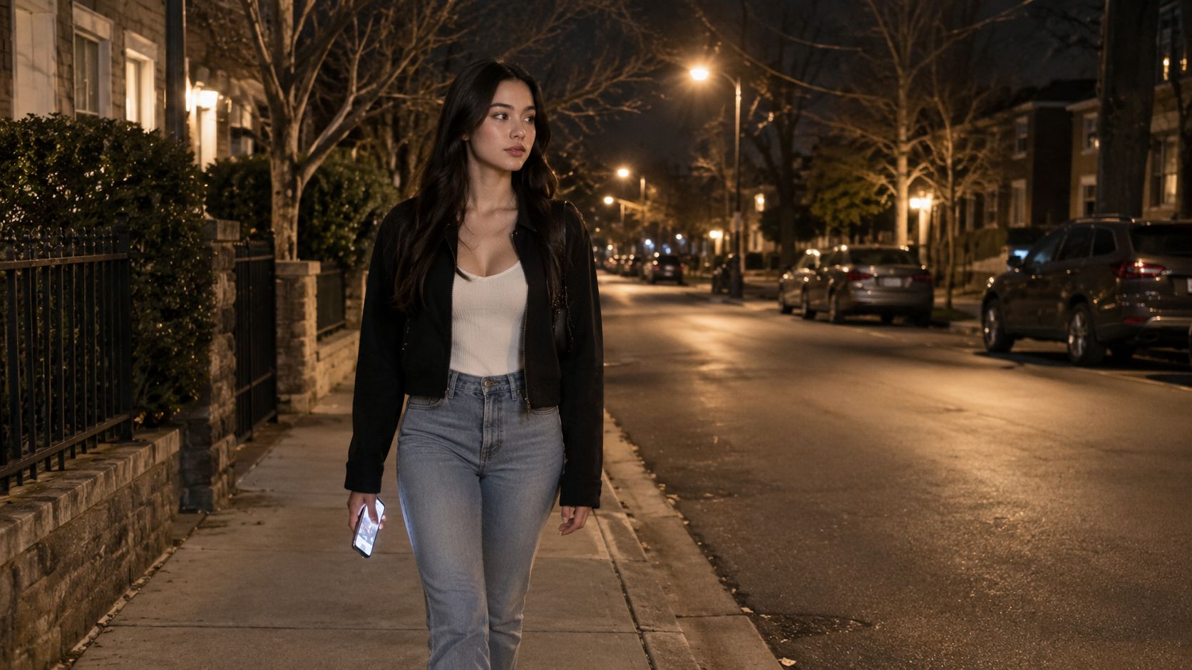 A young woman walking along a sidewalk at night while holding her glowing smartphone in the city.