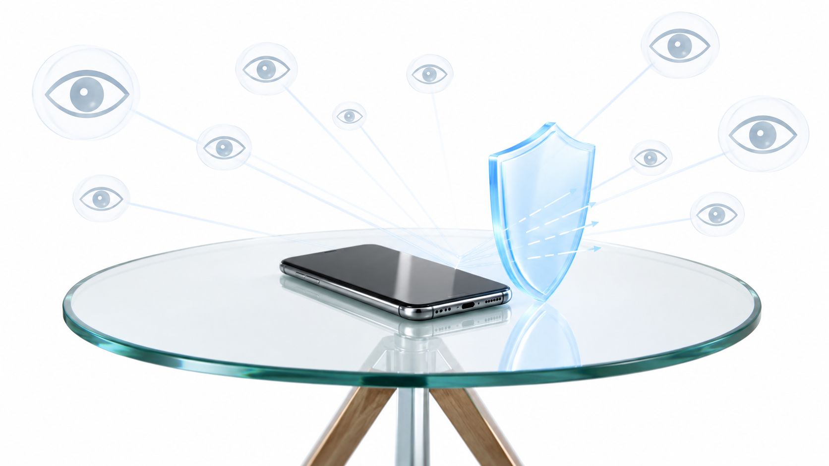 A smartphone resting on a glass table with a digital shield protecting it from multiple glowing eyes.
