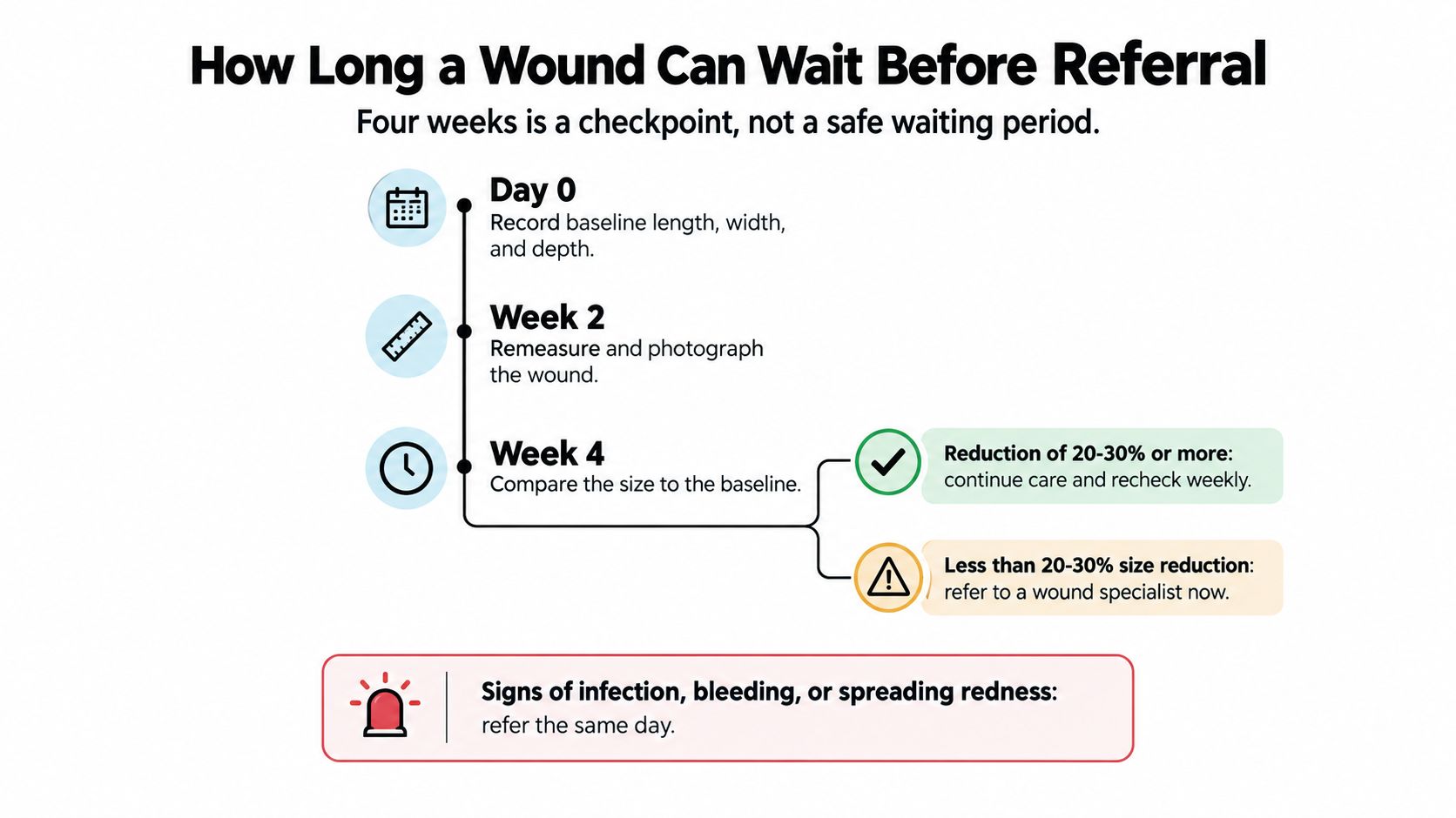 A medical infographic showing the timeline for monitoring wound healing and when to seek specialist referral.
