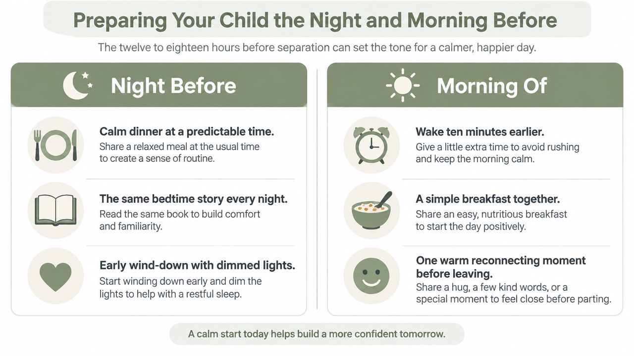 An infographic titled Preparing Your Child the Night and Morning Before with tips for reducing separation anxiety.