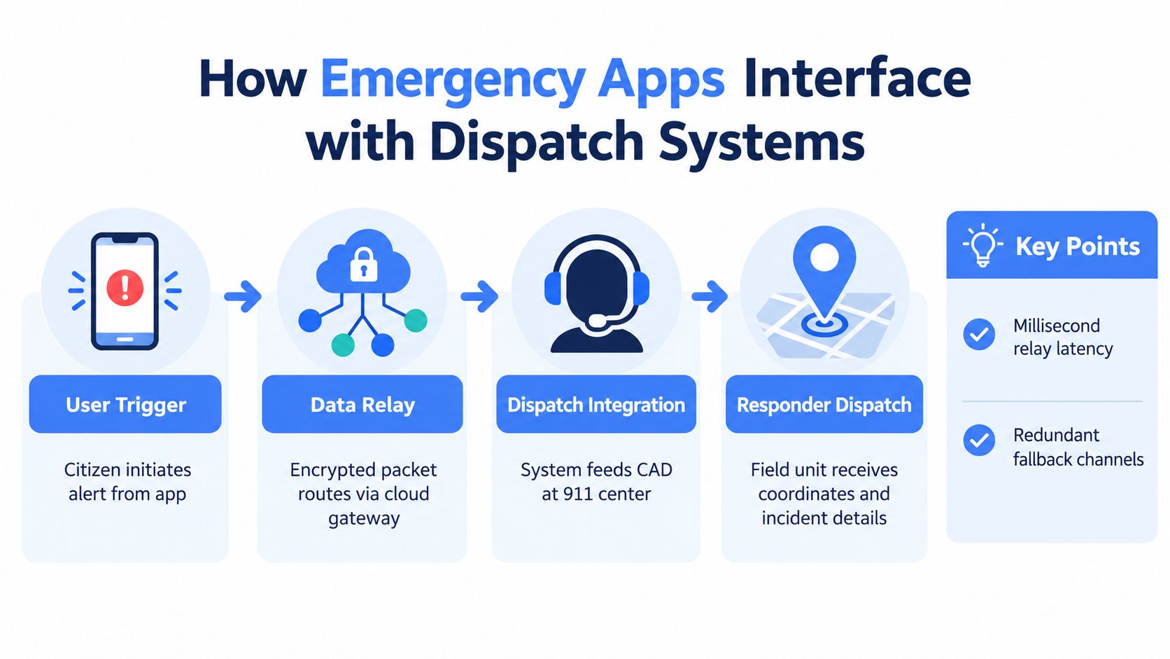 A flowchart showing how a smartphone emergency app sends data to dispatch systems for rapid emergency response.