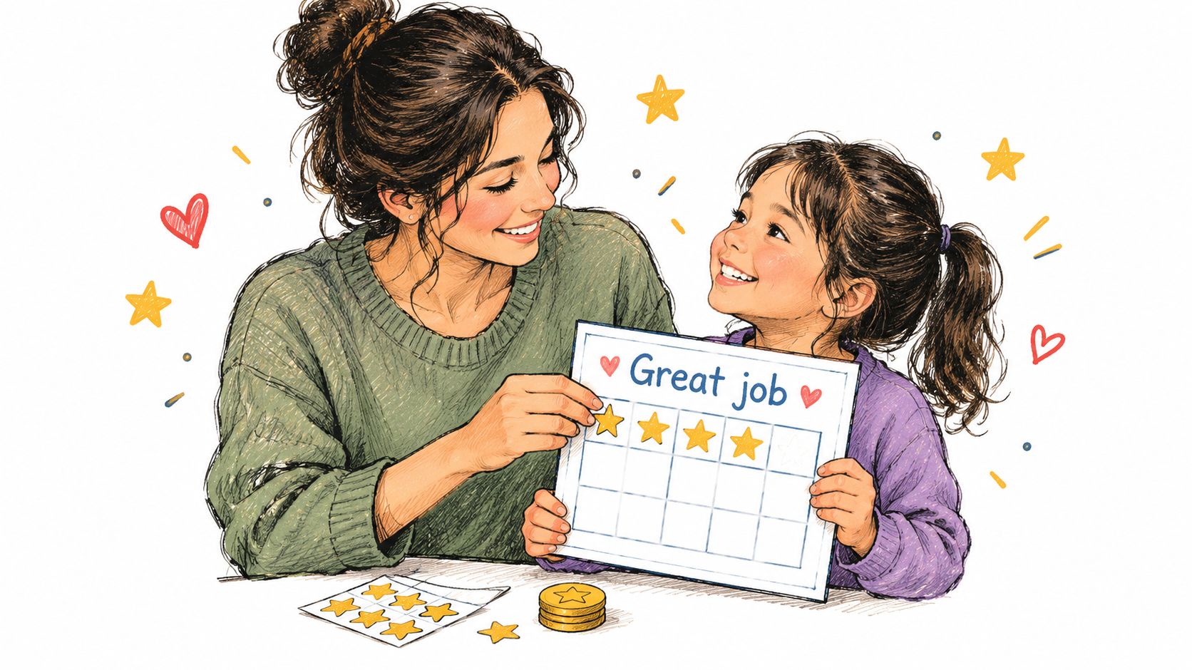 A mother and daughter smiling while using a gold star reward chart for positive behavior management.