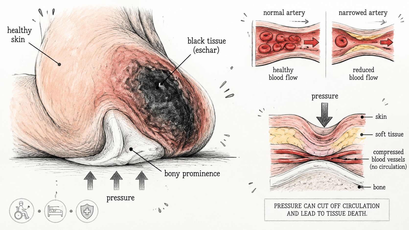 A medical illustration showing how sustained pressure leads to pressure ulcers, tissue necrosis, and reduced blood circulation.