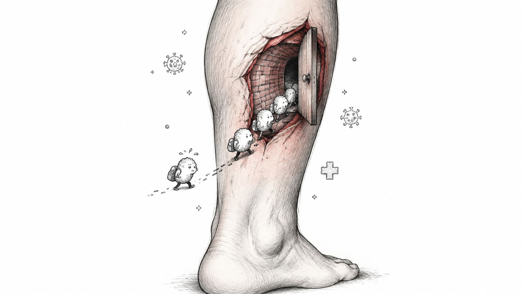 A conceptual drawing of a human leg with an open wound, illustrating cartoon microbes entering via a door.