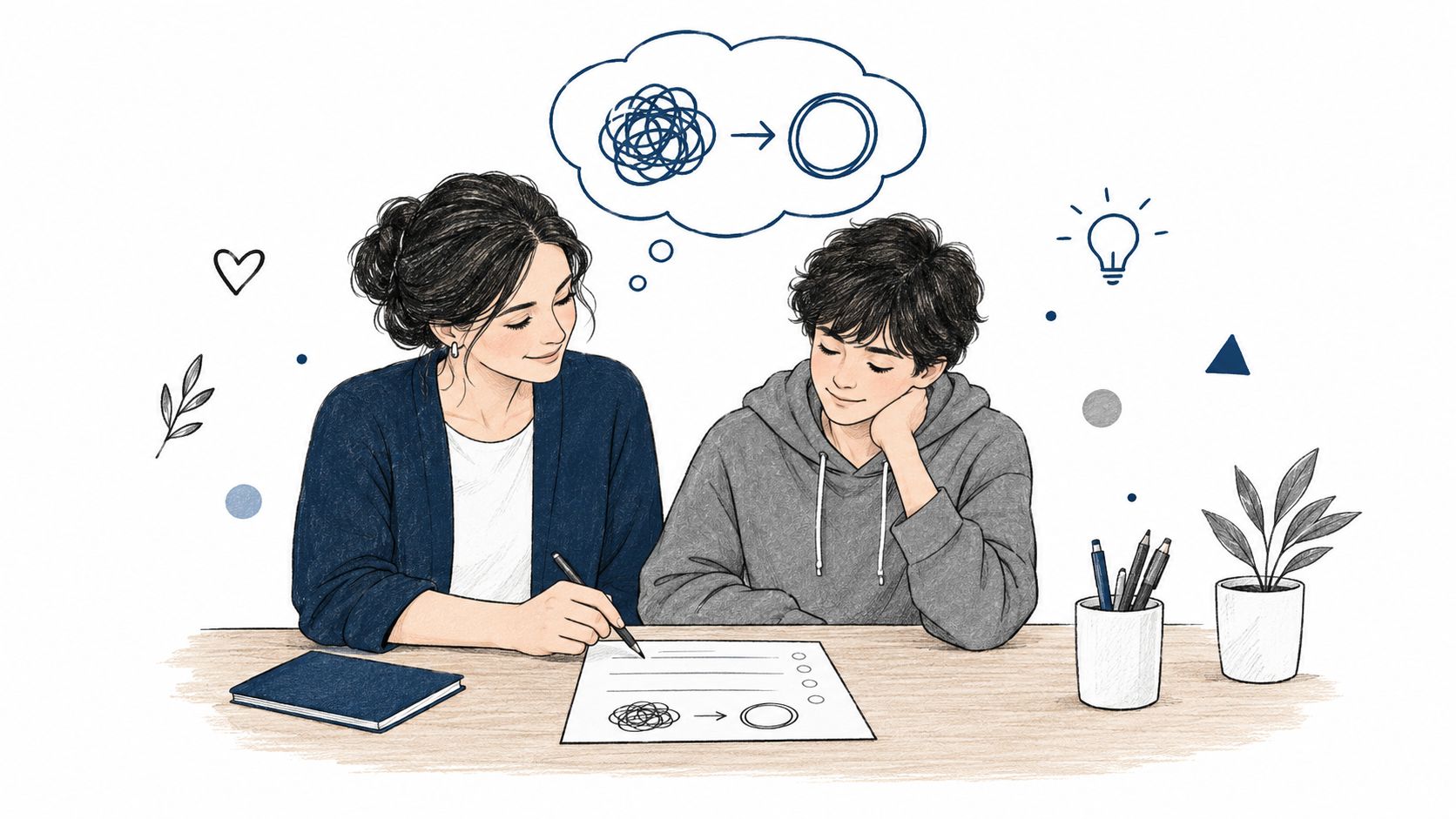 A gentle therapist helping a young boy work through his tangled thoughts on a piece of paper.