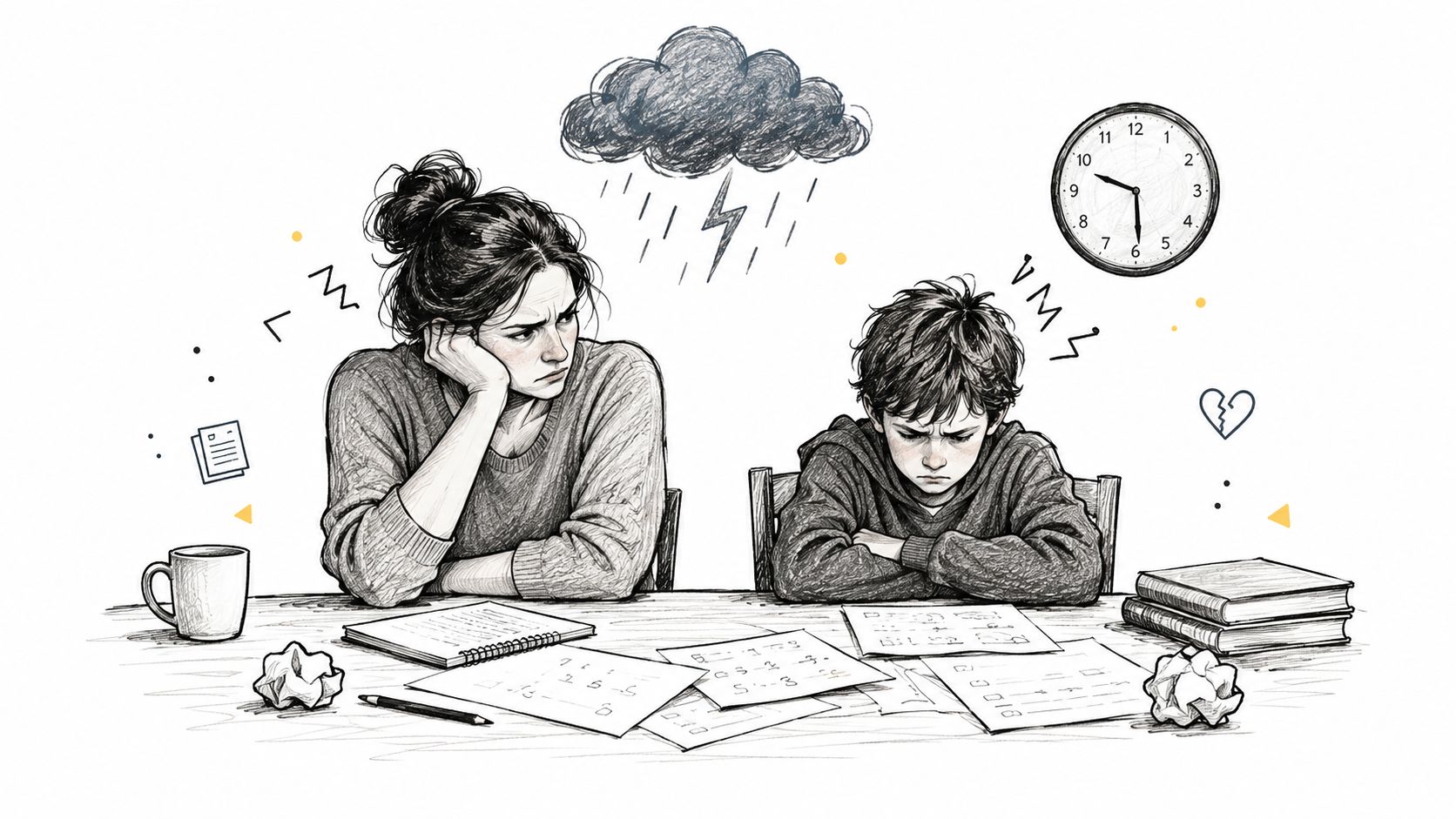A frustrated mother and son sit at a table during a tense homework session with schoolwork.