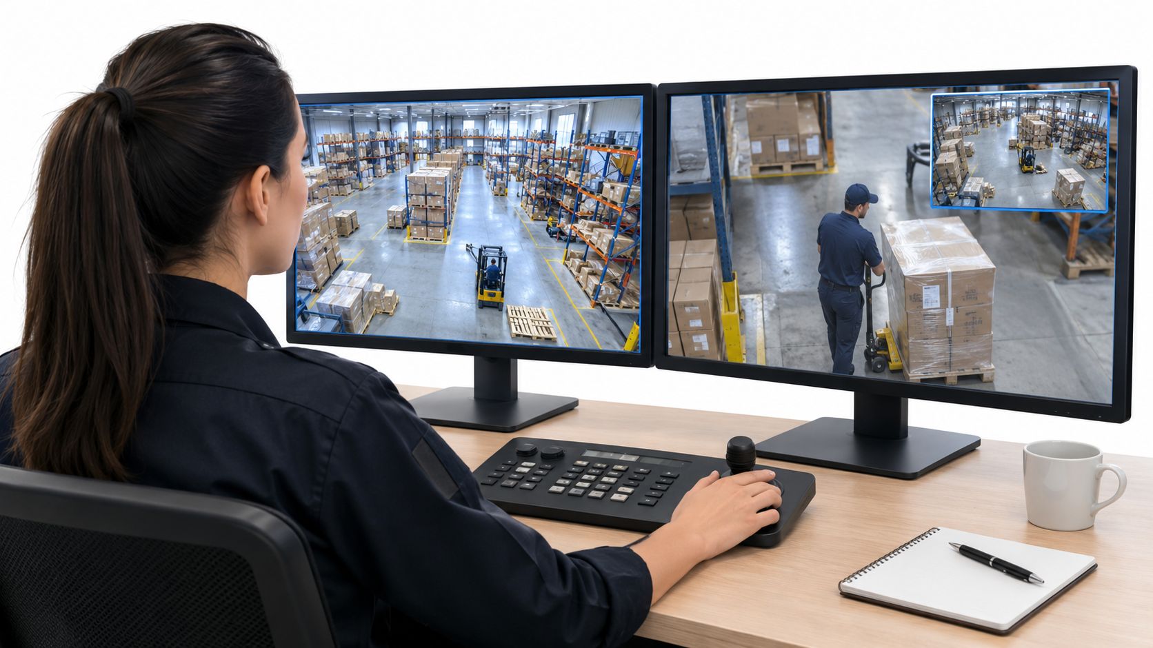 A security operator monitors multiple warehouse video feeds on dual computer screens using a control keyboard.