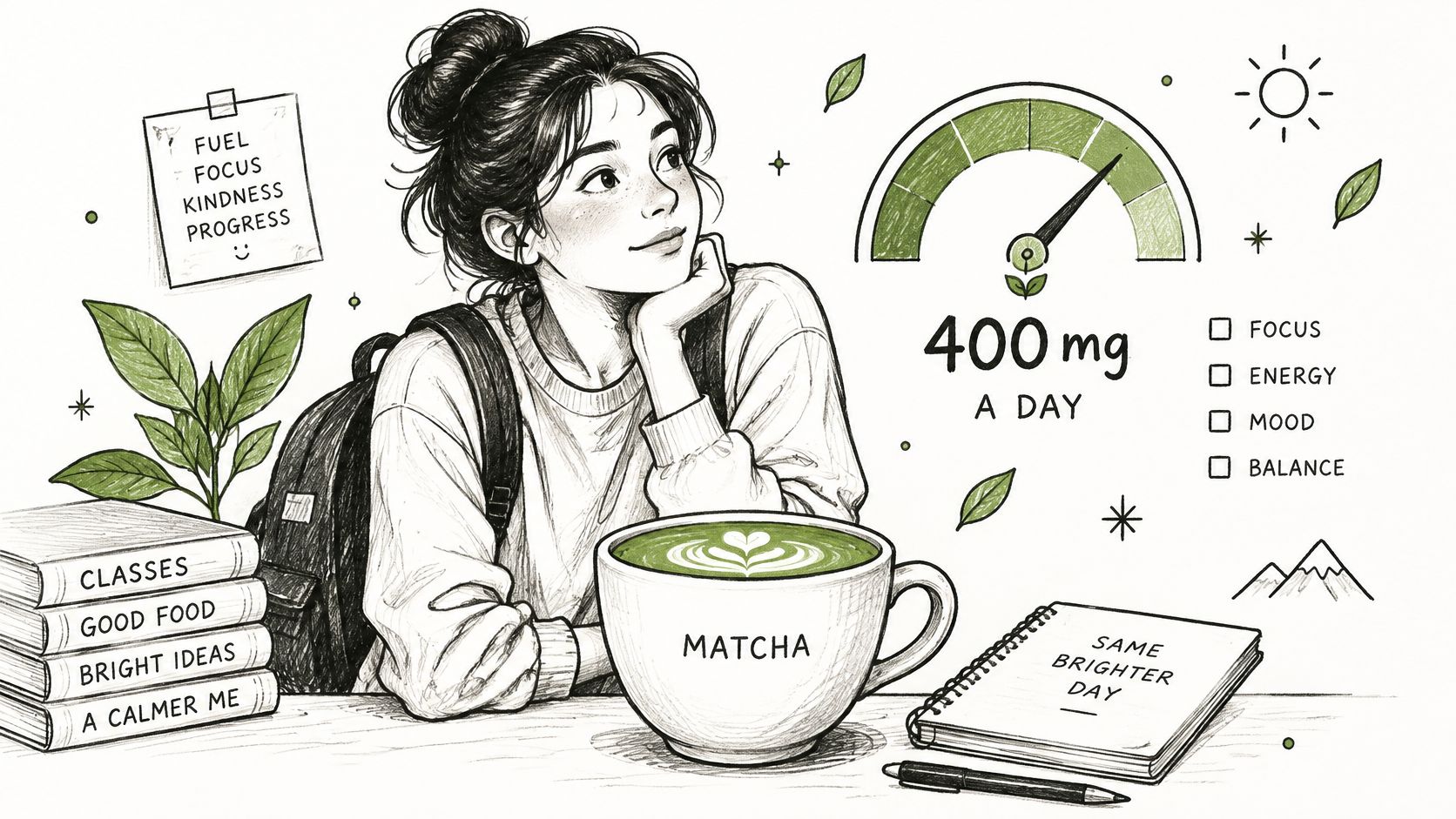 A girl sitting with a matcha latte, a notebook, and notes about focus and energy levels.