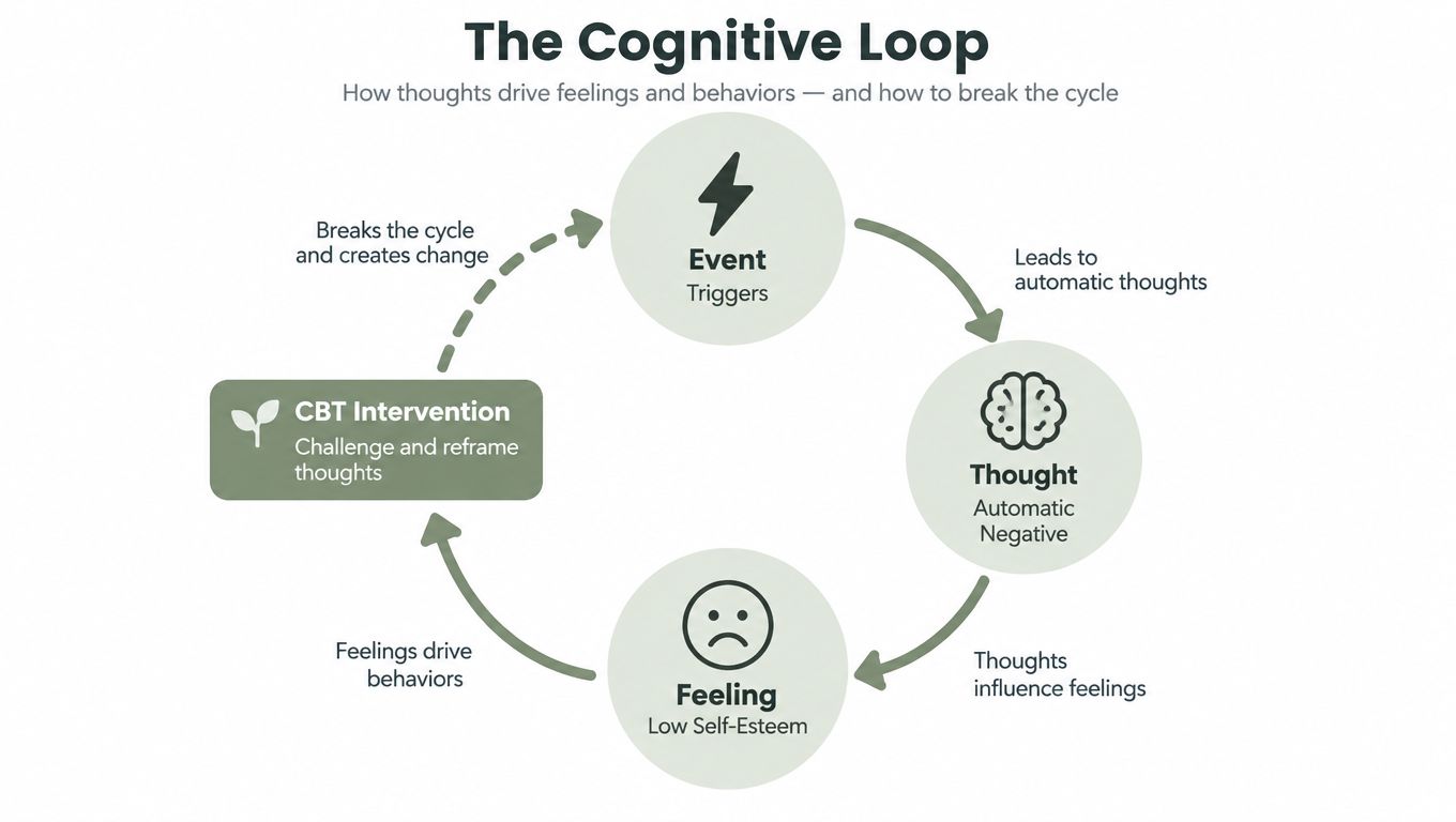 A diagram illustrating the Cognitive Loop, showing how events, thoughts, and feelings create a cycle with CBT interventions.