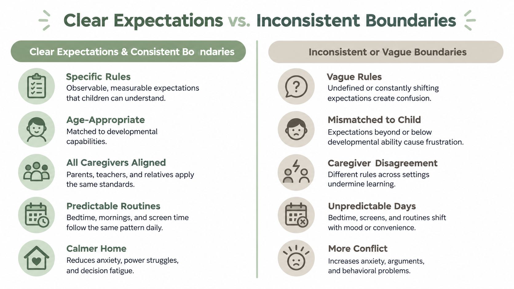 A comparison chart showing benefits of clear parenting expectations versus consequences of inconsistent boundaries for children.