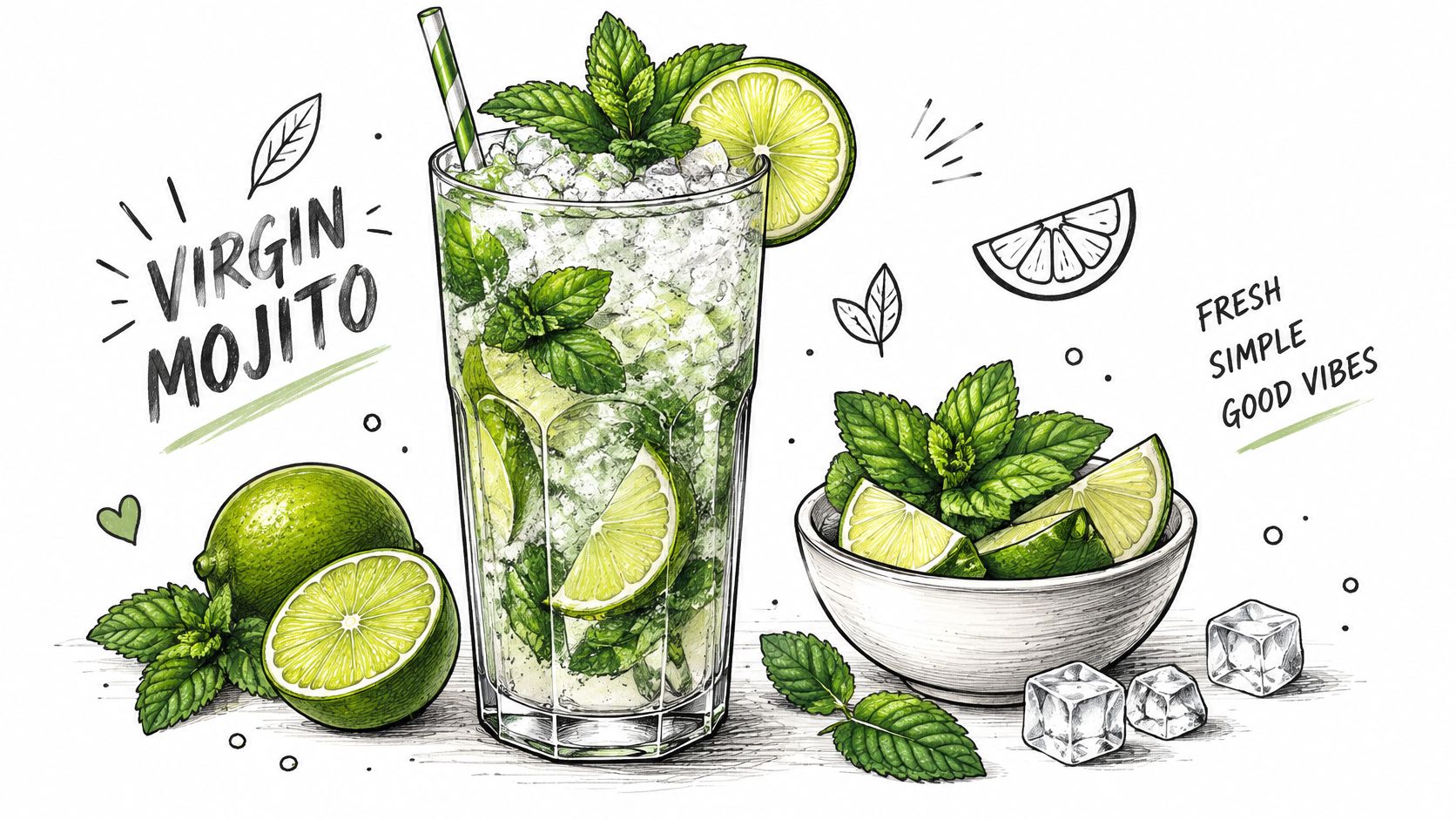 A hand-drawn illustration of a refreshing Virgin Mojito cocktail with lime wedges, mint leaves, and ice cubes.