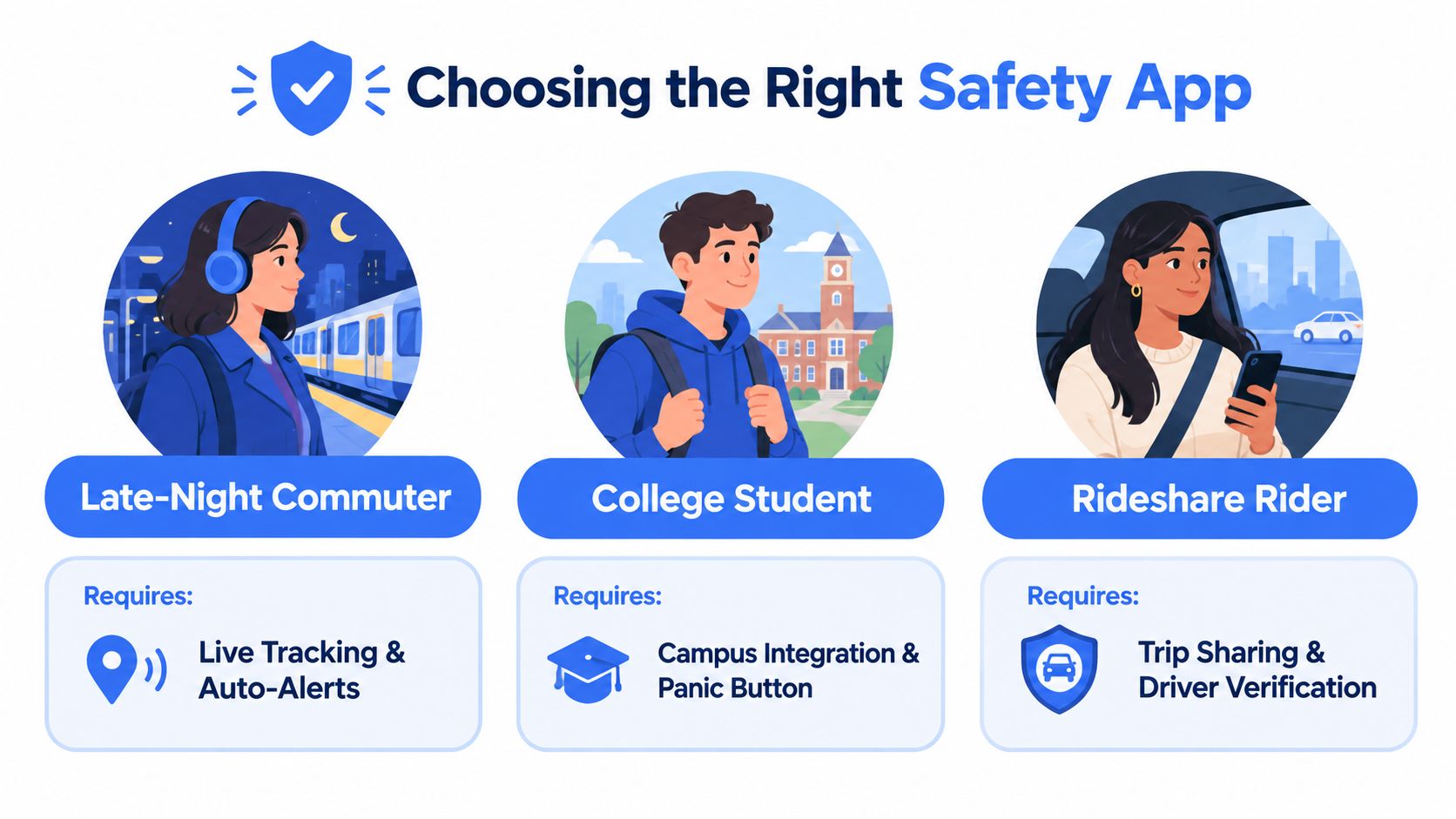 An infographic titled Choosing the Right Safety App for commuters, students, and rideshare users with required features.