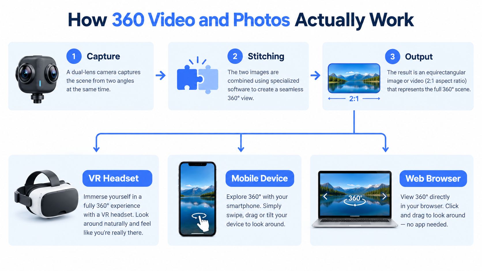 A diagram illustrating the three steps of creating 360-degree content and various ways to view it.