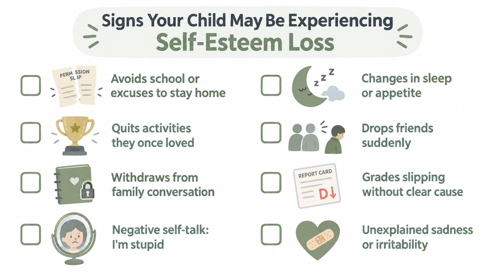 An infographic listing signs of self-esteem loss in children, including social withdrawal, negative self-talk, and behavioral changes.