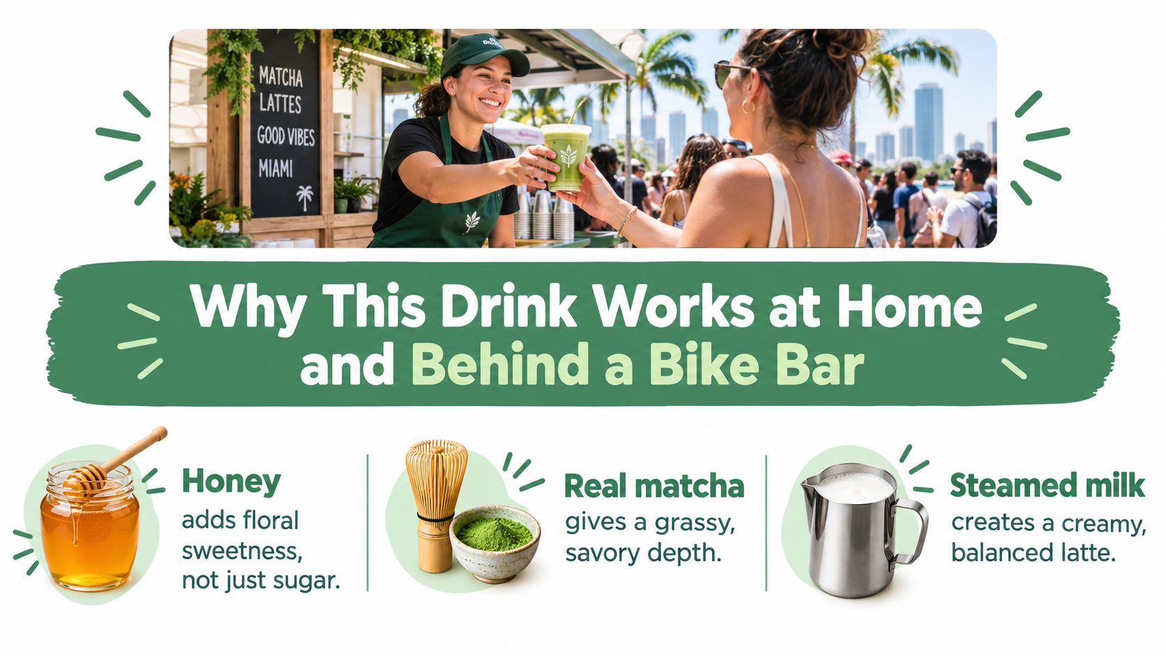 A barista handing a green matcha latte to a customer at a sunny outdoor mobile bike bar.