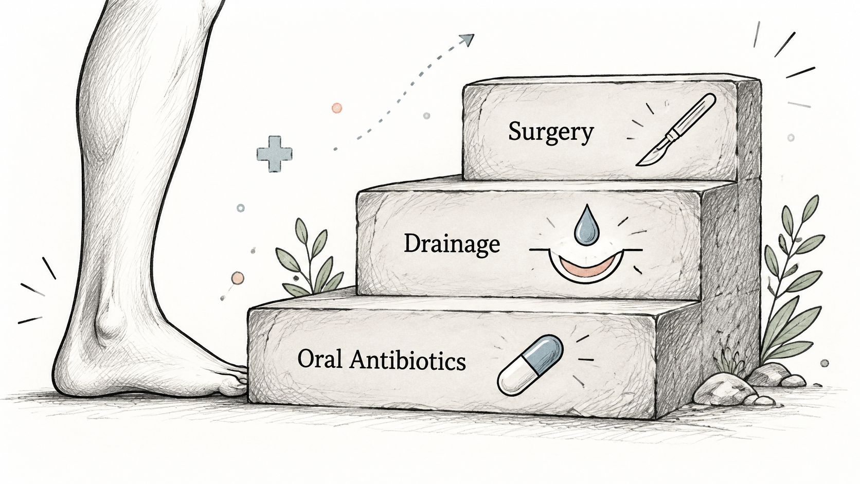 A conceptual illustration showing steps for treating an infected leg wound including antibiotics, drainage, and surgery.