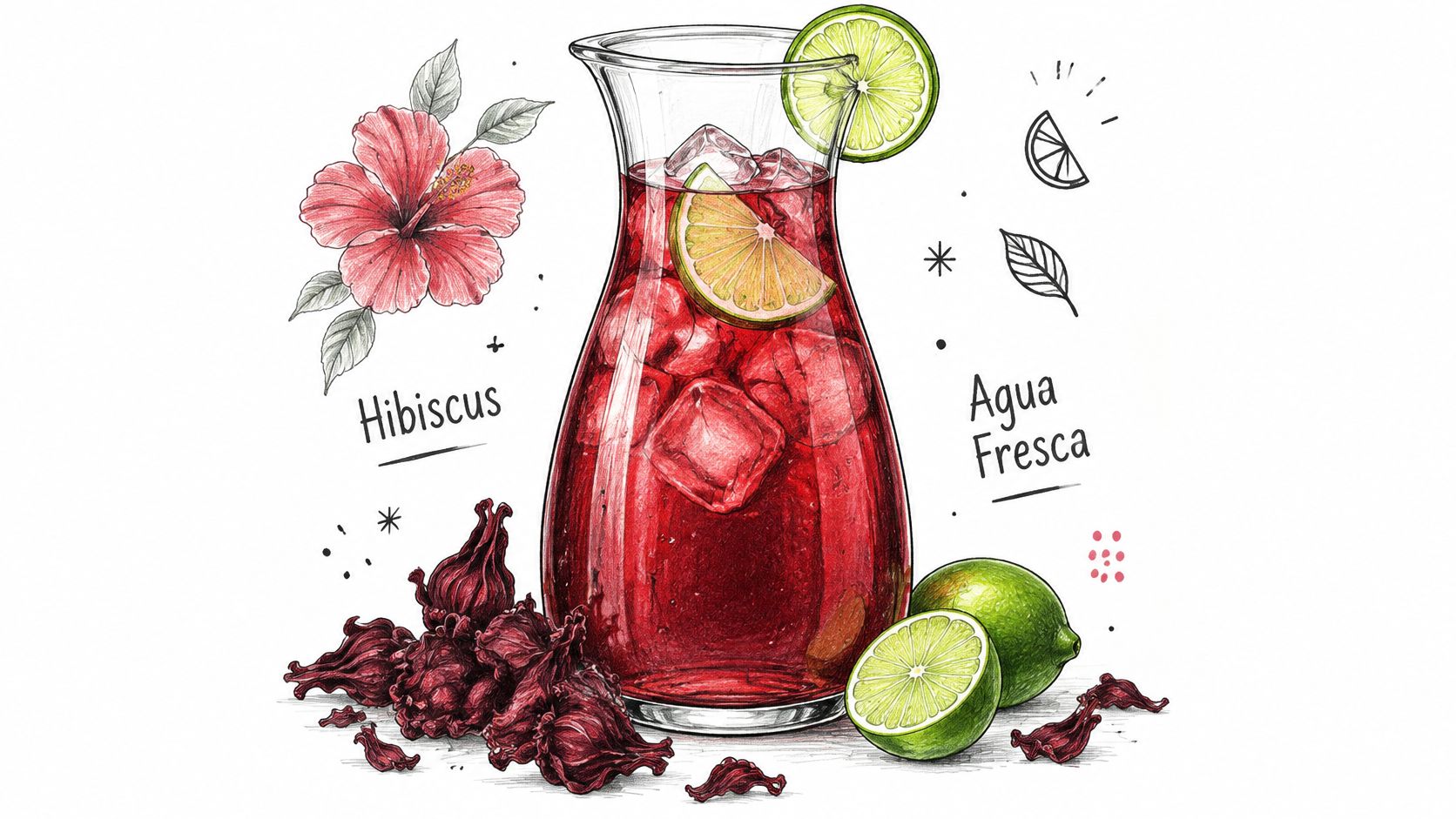 A detailed illustration of a pitcher filled with red hibiscus agua fresca with lime wedges and flowers.