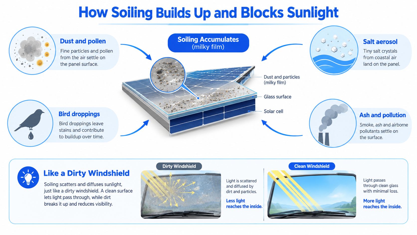 An infographic showing how different types of soiling buildup block sunlight from reaching solar panels.